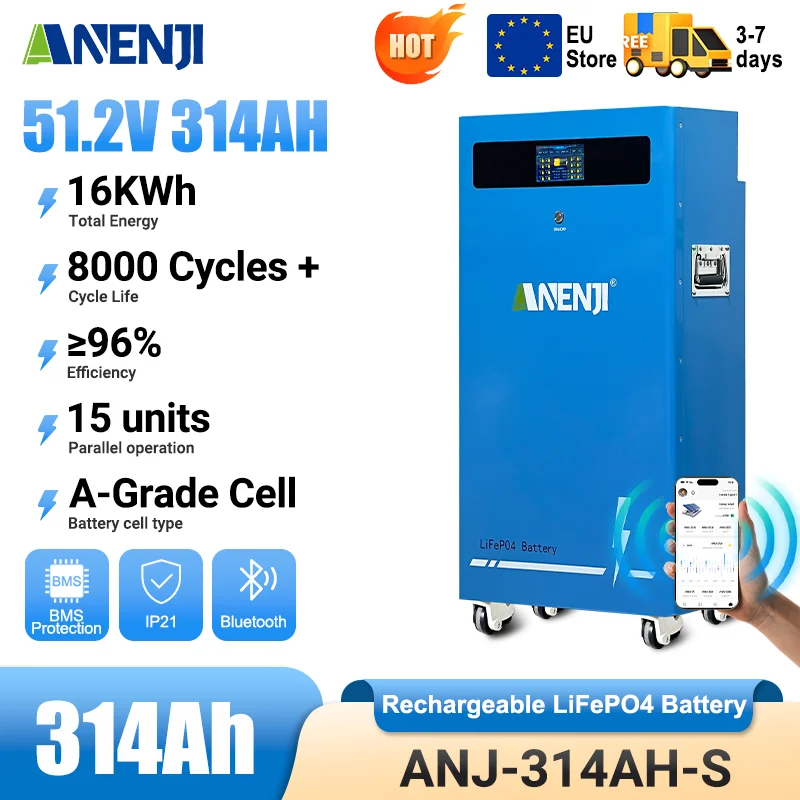 ANENJI LiFePO4 Battery 48V 300Ah Pack 15Kwh 51.2V 314Ah 16Kwh With Wheels Lithium Battery Grade A Cells 6000+ Cycles Bluetooth CAN/RS485 BMS for Home