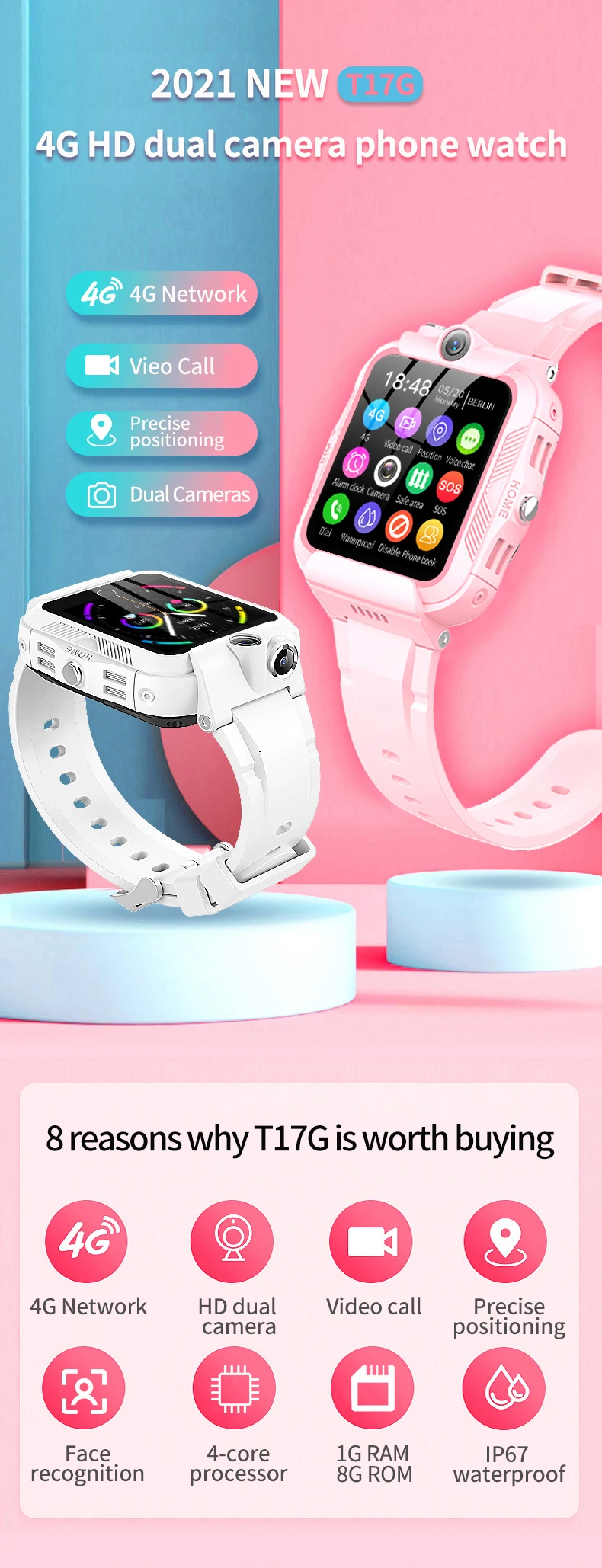Kids Watch 4G Sim Card SOS Phone Call GPS Positioning Dual Camera 8GB APP Store Waterproof Remote Monitor Footprint Track T17G - Image 2
