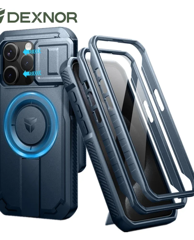Dexnor For iPhone 15 Pro Rugged Shockproof Case with Built-in Sliding Camera Cover and Built-in Screen Protector Kickstand