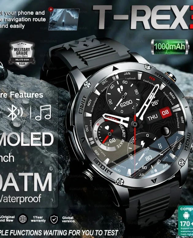 Top-tier T-Rex 3 Military Grade 1000mAh Battery Smart Watch IP68 Waterproof compass HD call AMOLED HD Men Sports Smart Watchs