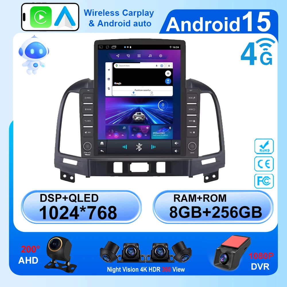 9.7 inch Android 15 Car Radio For Hyundai Santa Fe 2006-2012 auto 4G LET Wireless CarPlay Stereo Multimedia Player GPS BT DSP