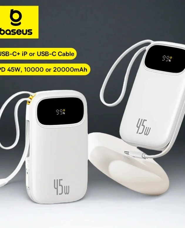 Baseus 45W 20000mAh Power Bank 10000mAh Built-In Retractable USB-C & Lightning Cable for iPhone 17 16 15 Samsung S25 Xiaomi Poco