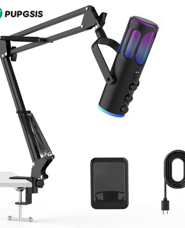 Pupgsis Gaming Microphone, USB Condenser Mic for PC, PS4/5 and Mac,Noise Cancellation Computer Mic with Mute, Reverb, Monitoring