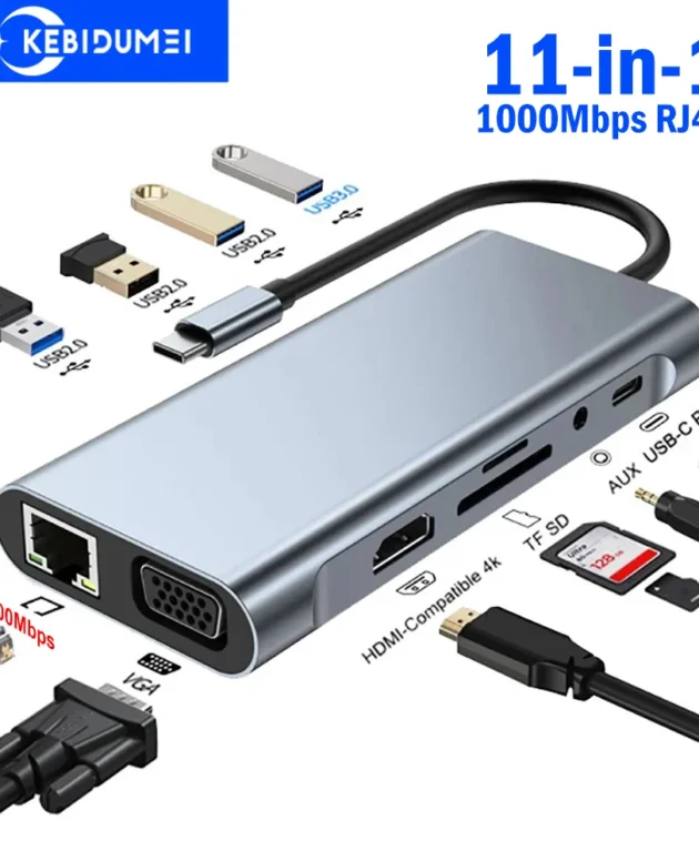 11-in-1 Type-C Docking Station USB 3.0 HUB USB C Splitter Type C to 4K HDMI VGA PD RJ45 1000M Network Adapter for Laptop Macbook