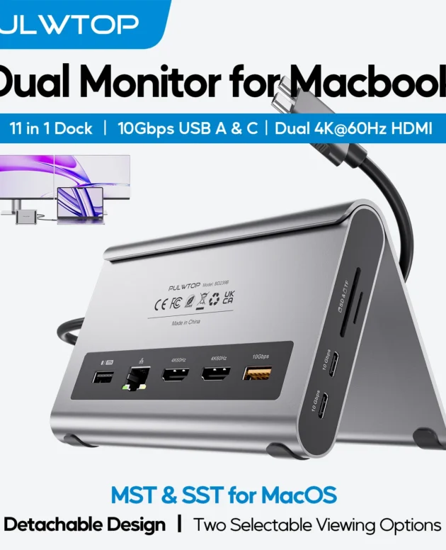 PULWTOP USB C Docking Station Dual Monitor with 2 HDMI, PD,Ethernet, USB A/C 10Gbps, Audio, SD/TF, for MacBook Pro/Air M3/M4/M5
