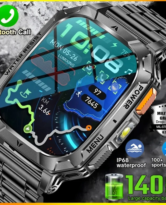 Rugged Military 1400mAh Battery Smart Watch Fitness Tracking IP68 Waterproof Tactical Sports Flashlight 2026 New Men Smartwatch