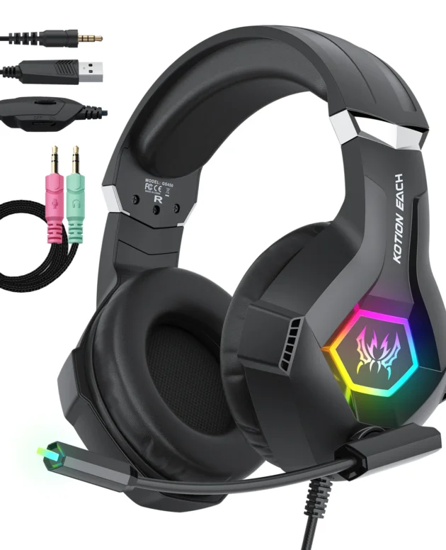 Wired Gaming Headset with Noise Cancelling Mic Compatible With PC PS4 PS5 Xbox Surround Sound RGB Light Over Ear Design
