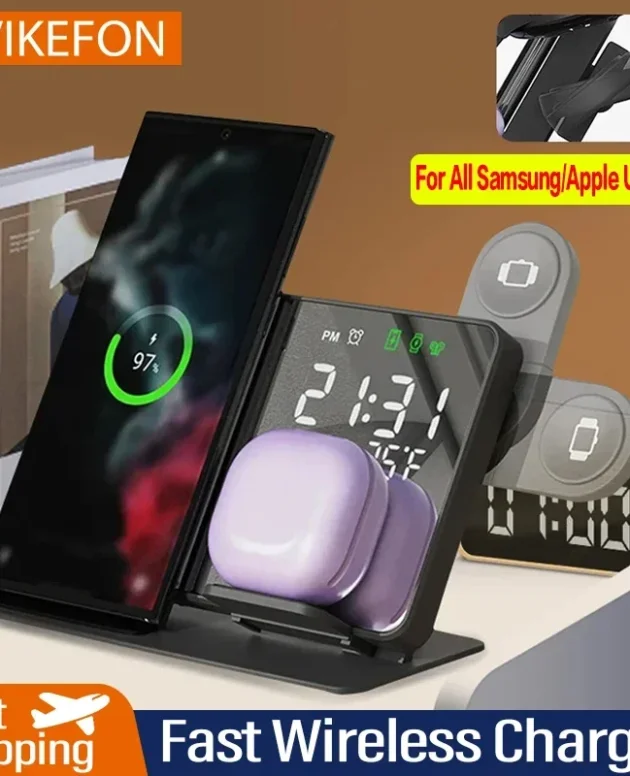 3 in 1 Wireless Charger For Apple Samsung Galaxy Watch 6 5 Pro S24 S23 S22 Fast Charging Station Alarm Clock Phone Charger Stand