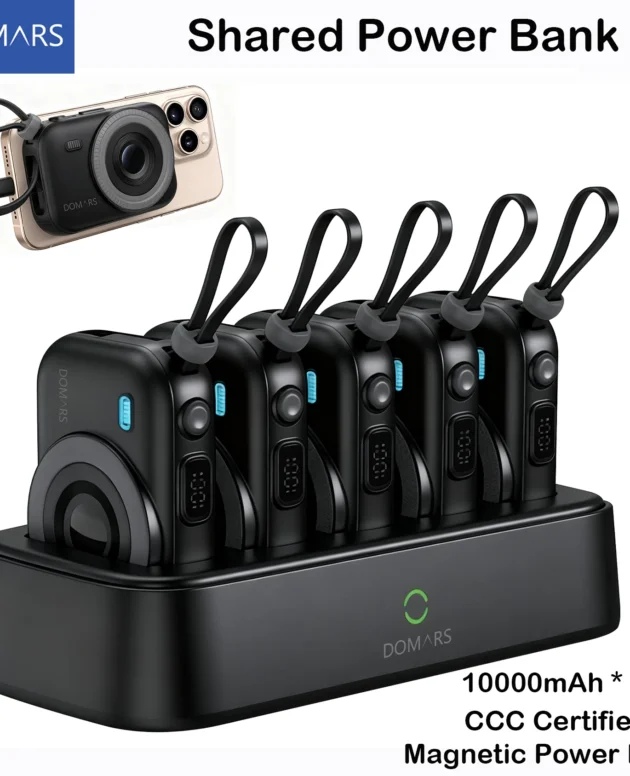 Domars Shared Power Bank 5pcs 10000mAh Magnetic Portable Battery Fast Charging Built-in Data Cable CCC Certified for Office