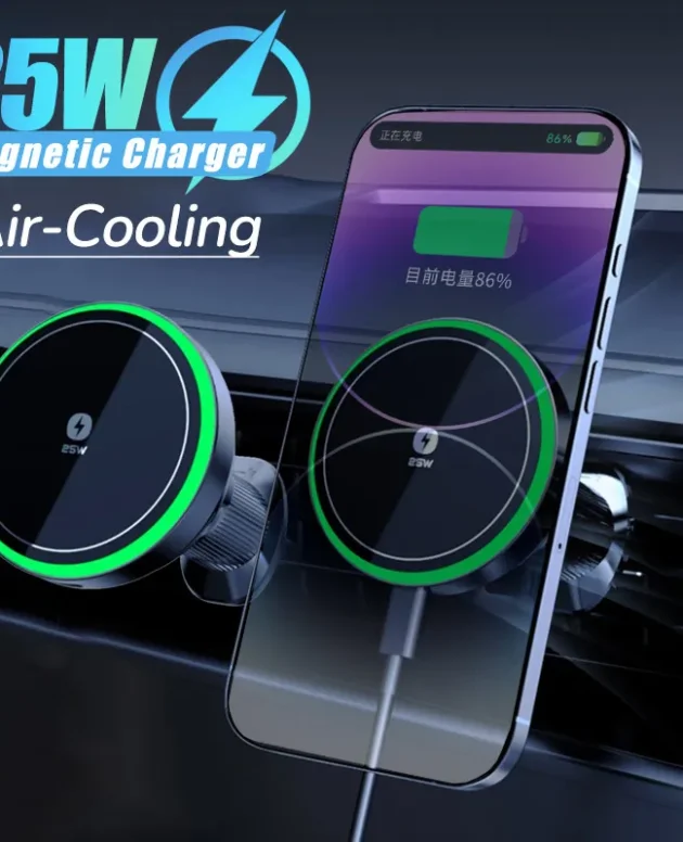 LED Qi2.2 25W Car Magnetic Wireless Charger Stand With Air-Cooling Fan For Magsafe iPhone17 16 15 14 13 12 Pro Max Fast Charging