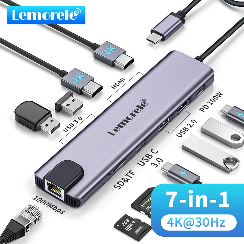 Lemorele 11 in 1 USB C HUB 4K HDMI Type C USB Adapter Port 100W PD RJ45 480mpbs SD/TF Slot Fast Data transfer for Mac Windows