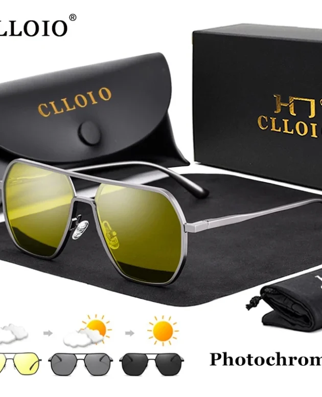 CLLOIO Anti-glare Day Night Vision Glasses Men Women Polarized Driving Sun Glasses Square Aluminum Photochromic Sunglasses UV400