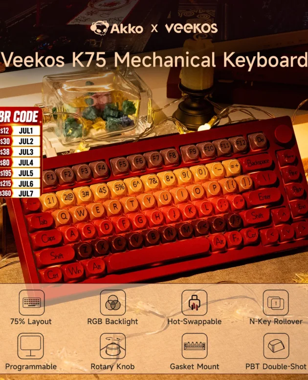 AKKO 5075 X Veekos K75 Gaming Mechanical Keyboard Keyboard 75% RGB 3/5-Pin Hot Swap Wired Customized Keyboard with Knob Gasket