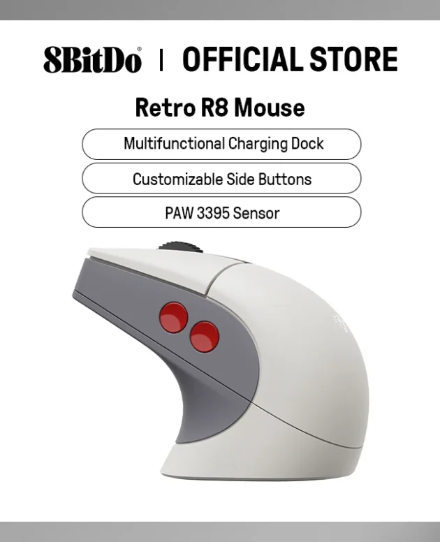 8BitDo Retro R8 Mouse with PAW 3395 Optical Sensor DPI 26K, Wireless 4K Polling Mouse with Charging Dock - N Edition