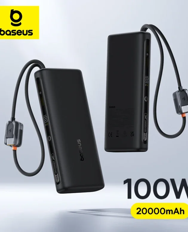 Baseus 20000mAh 100W Power Bank Built-In Dual USB-C Cable Fast Charging Digital Display Power Bank For iPhone 17 Pro Max Samsung