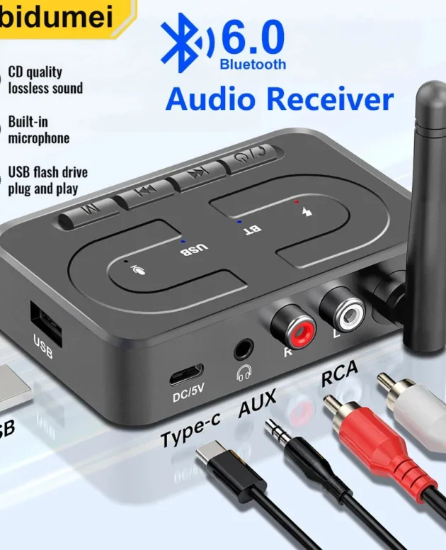 Wireless Audio Adapter Bluetooth 6.0 Receiver RCA 3.5mm AUX Jack Stereo Music Wireless Adapter Support U-Disk Playback Car Kit