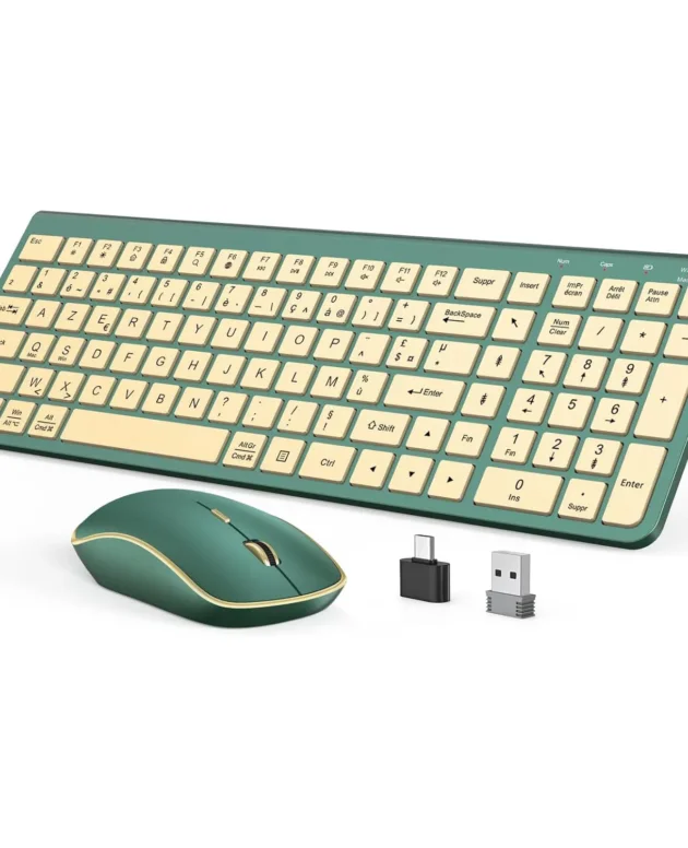 Ergonomic wireless keyboard and mouse, ultra-thin and compact design French AZERTY/ American QWERTY quiet,USB-A and USB-C ports.