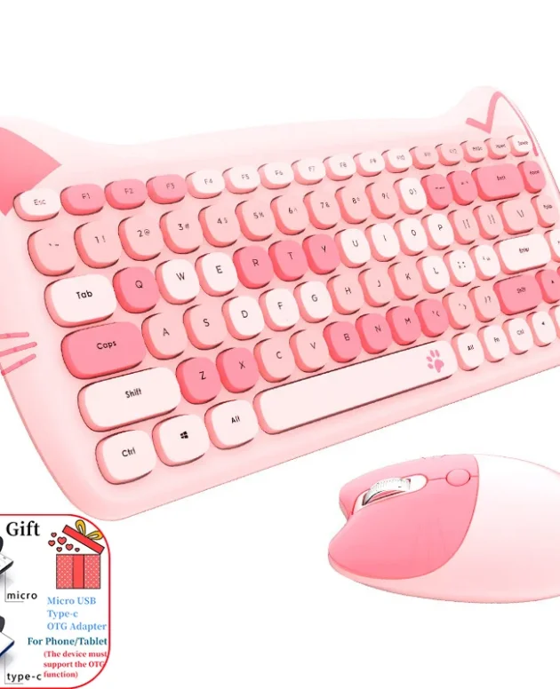 MOFII Kawaii Cat 2.4G Wireless Keyboard and Mouse Set Cute Lipstick Punk Keyboards and Mice Combos for Laptop PC Home Office