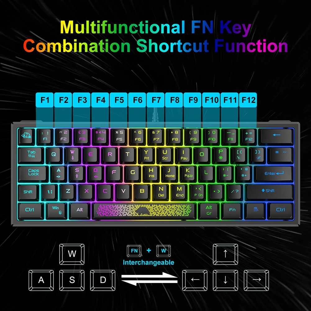 K61 RGB Wired Keyboard 60 Percent Ergonomic Gaming Keyboard 62 Keys USB Mechanical Keyboard Multiple Modes for Laptop PC Tablet - Image 5