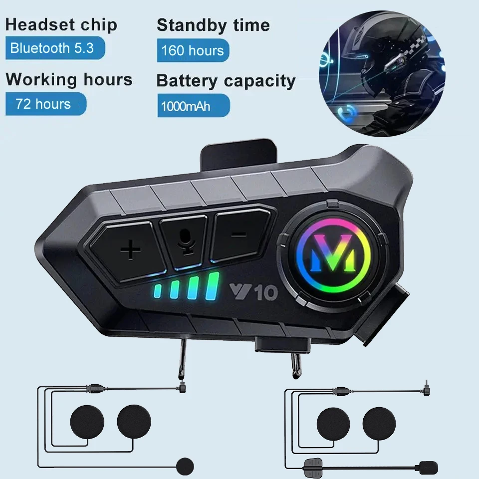 Y10 Bluetooth 5.3 Motorcycle Helmet Headset Wireless Hands-free Call Phone Kit Waterproof MP3 Music Player Speaker Moto Earphone