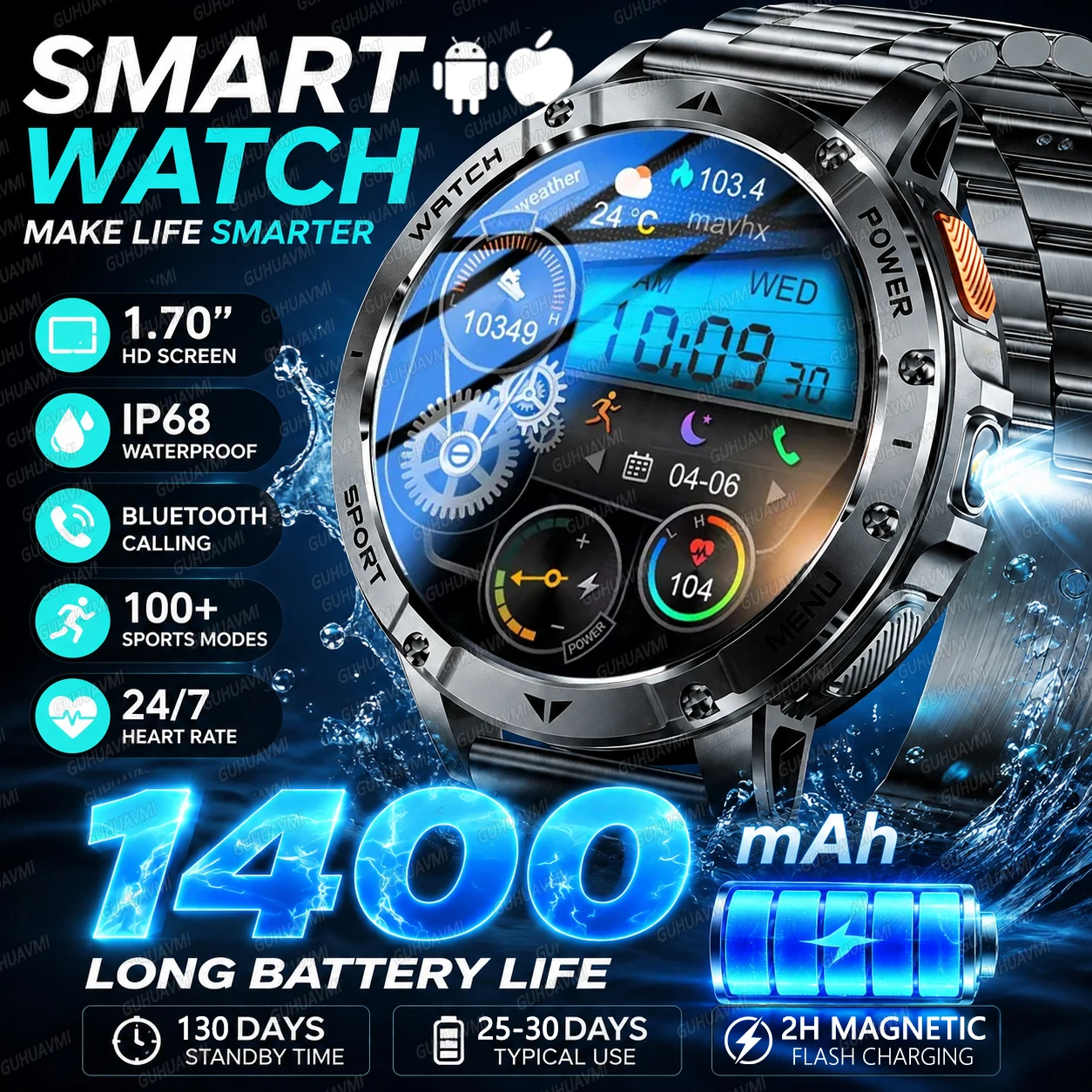 2026New Built-in 1400mAh Large Battery Men Smart Watch Outdoor Flashlight 1.7"AMOLED Screen 100 Metre Waterproof Call Smartwatch