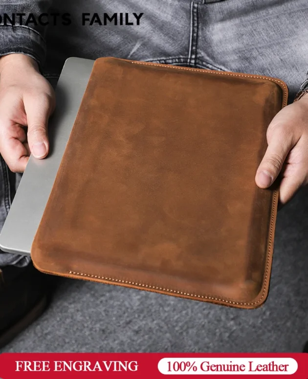 CONTACTS FAMILY Genuine Leather Laptop Sleeve Case For Macbook Pro Air 13 14 16 M4 M3 M2 Cover HP DELL XPS 13 Computer Bag Men