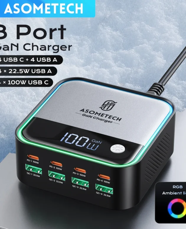8 Port GaN USB C Fast Charger LED Display 4 Port Type C PD 100W SCP 22.5W Charging Station for IPhone 15 Samsung Tablet Macbook