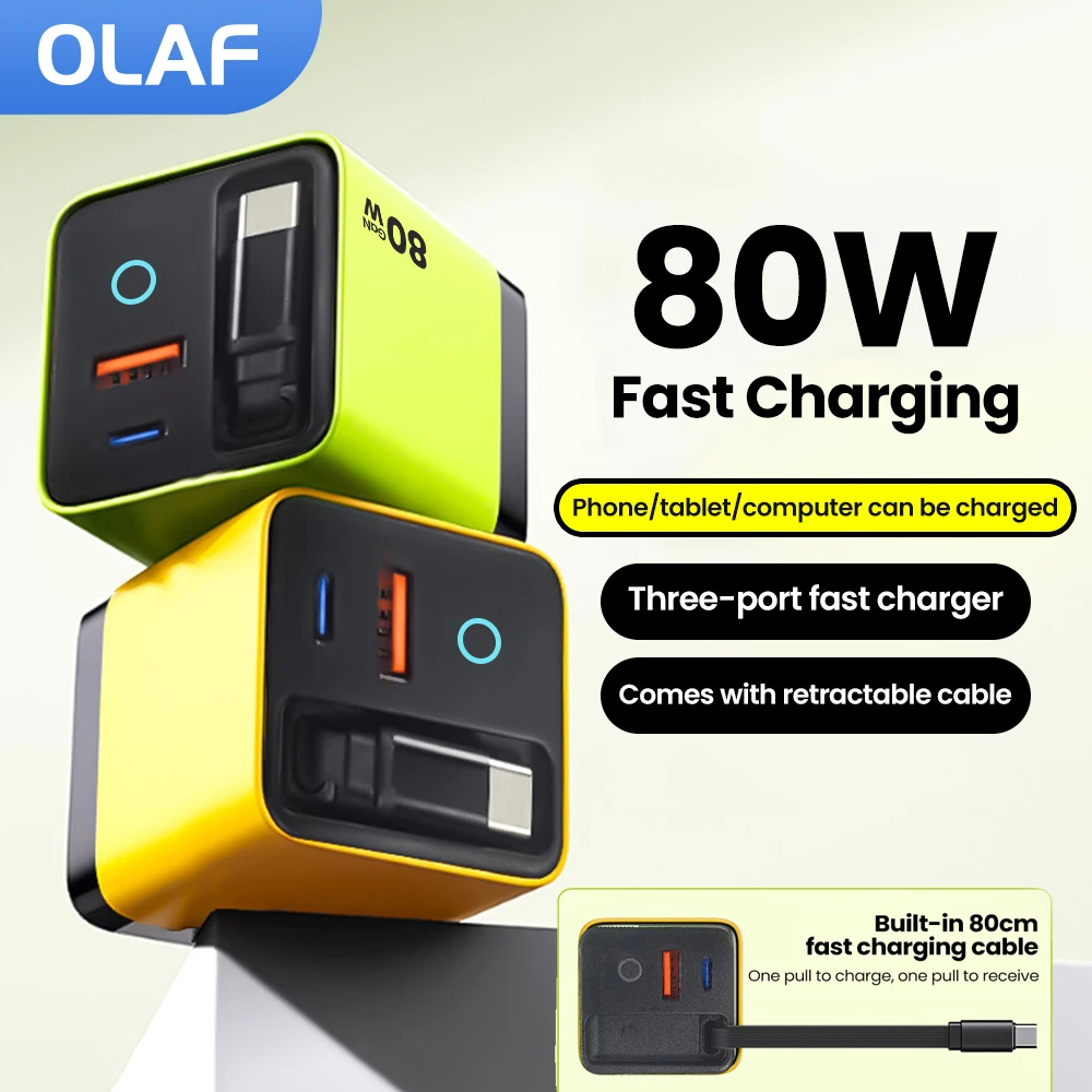 80W USB Type C Charger with Retractable Cable USB C Fast Charger Phone Adapter for iPhone 16 Xiaomi Samsung Type C Wall Charger