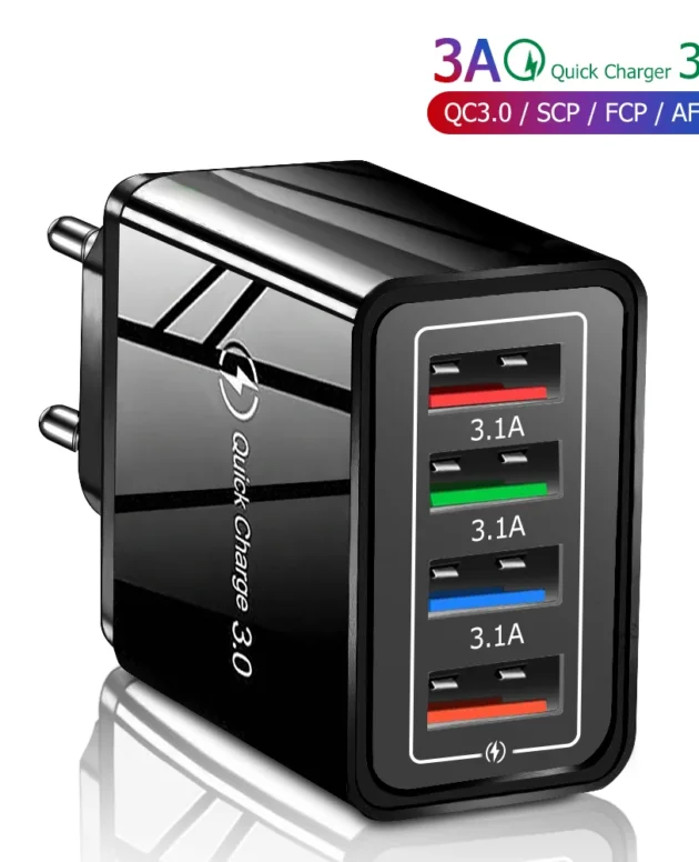 3A USB Charger 4 Port USB Quick Charge 3.0 EU US Plug Mobile Phone Charger Wall Adapter Portable Fast Charging For iPhone 16 Pro