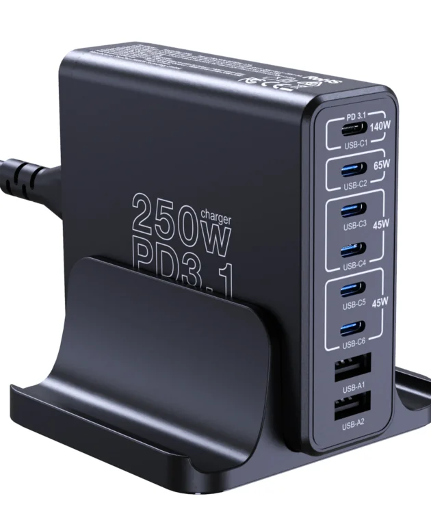 250W GaN Charger USB C Fast Desktop 8-port USB Type C PD3.1 Charger Fast Charging for iPhone 16 15 14 Samsung S24 Xiaomi Laptop