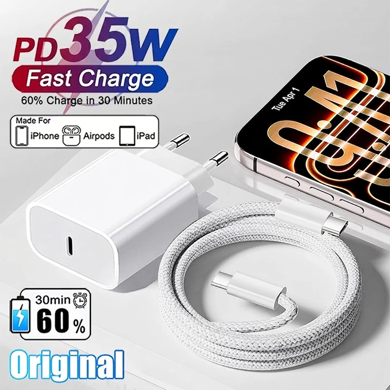 For Apple Original PD 35W Type C Quick Charger For iPhone 17 16 15 14 13 12 11 Pro Max Samsung Xiaomi Fast Charging Charge Cable