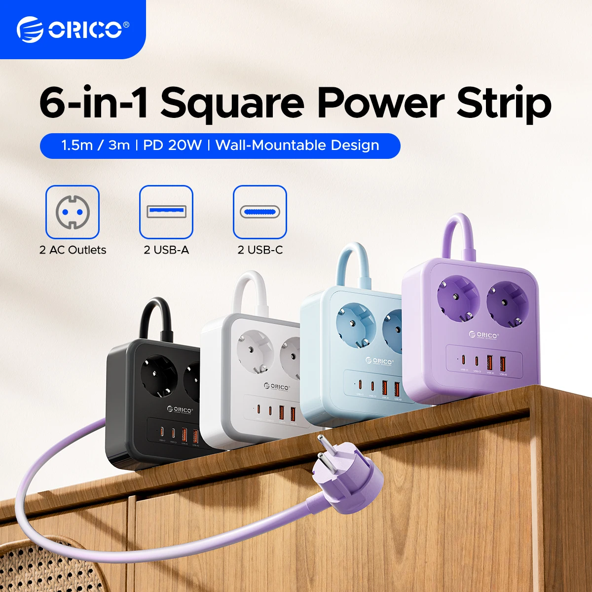 ORICO Desktop Square Power Strip PD20W Fast Charge 1.5M 3M Extension Power Cord Type C USB A Charging Station EU Plug Adapter
