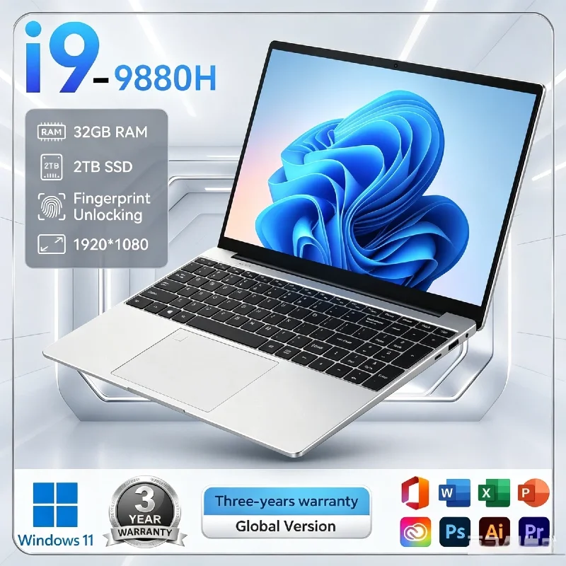 2026 15.6" Gaming Laptop Intel Core i9 9880H 32GB RAM 2TB SSD Windows 11 Pro 1920x1080 FHD Ultra Slim Notebook for Office Study
