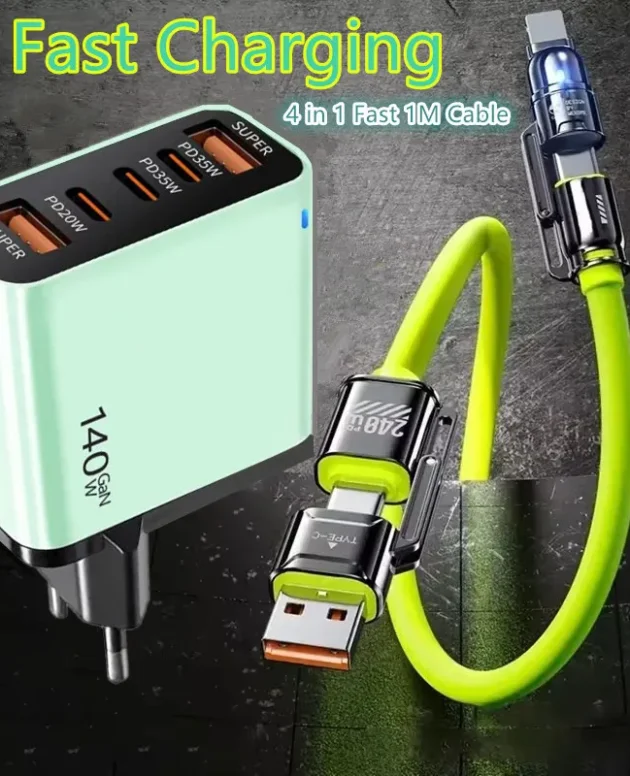 4-in-1 Type C Cable USB C PD Fast Charger 5 Ports Quick Charge Phone Adapter For iPhone Samsung Xiaomi Huawei OPPO Wall Charger