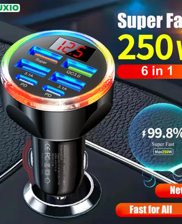 UYUXIO Dual PD USB C Car Charger Adapter 6 in 1 with Voltage Display Colorful Iight QC 4.0 PPS Super Fast Charge with Volt Meter