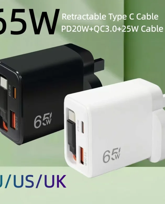 65W Fast Charger USB C Charger With Retractable Type-C Cable PD Fast Charging for iPhone 16 15 MacBook Samsung Laptop iPad