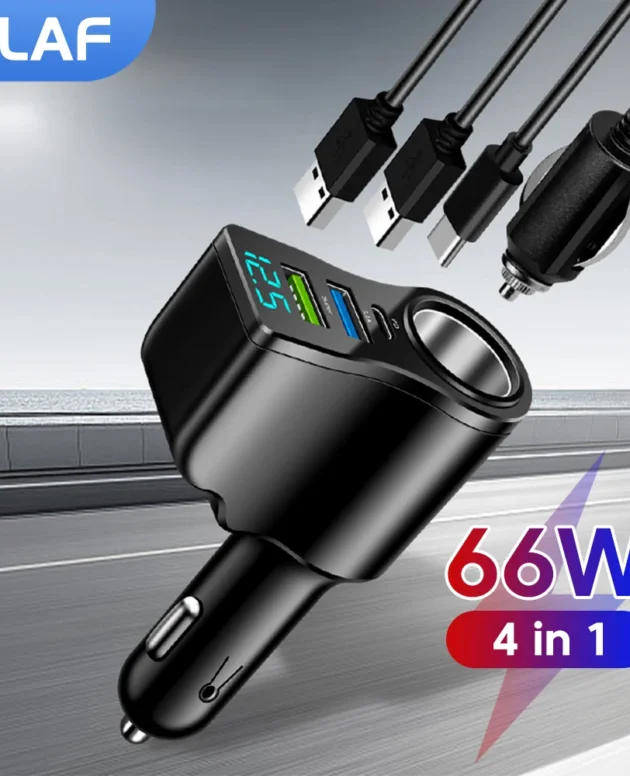 4 in 1 66W Car Charger Fast Charging Socket Splitter Dual USB Type-C Car Charger LED Digital Display For iPhone Huawei Sumsung