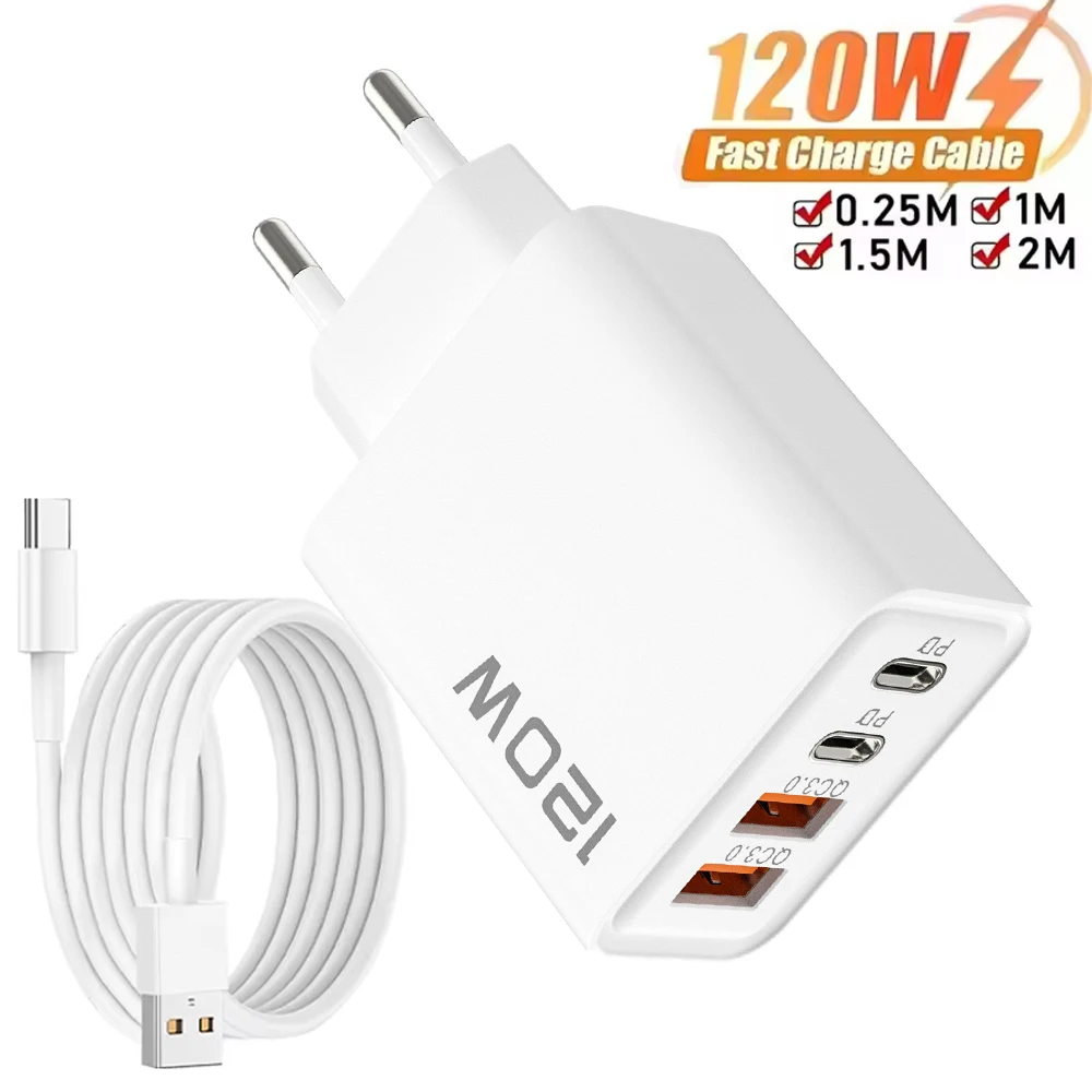 120W USB Type C Charger 10A Fast Charging Data Cable 4Port USB C Phone Charger PD Adapter for Samsung IPhone Xiaomi Wall Charger