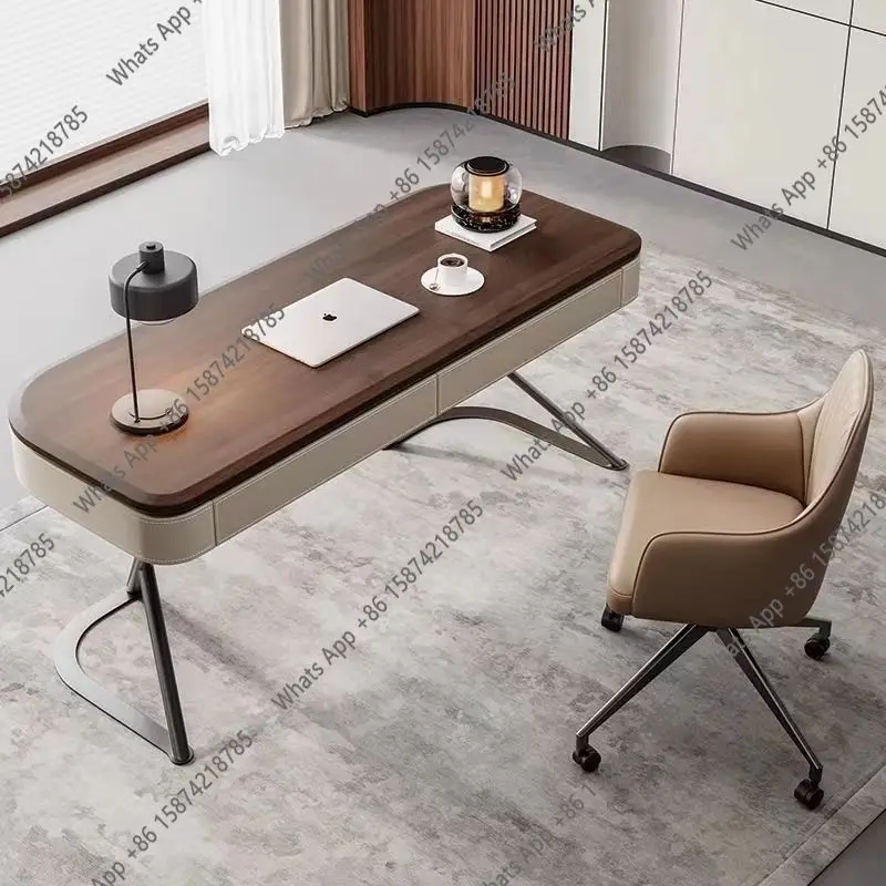 VB O High-end Solid Wood Desk Home Modern Minimalist Living Room Desk Walnut Veneer Saddle Leather Study Computer Desk