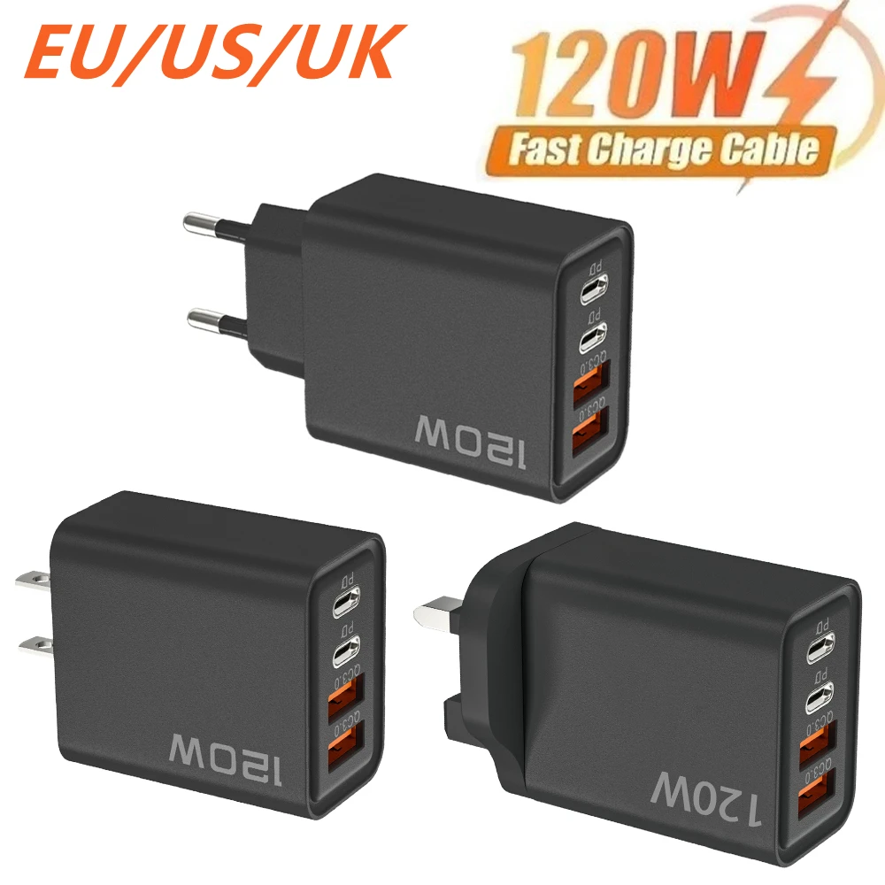 Total 120W USB Charger 4 Port PD Fast Charging USB QC 3.0 Type C EU/US/UK Plug Charger For Xiaomi iPhone 15 Pro Max Wall Adapter