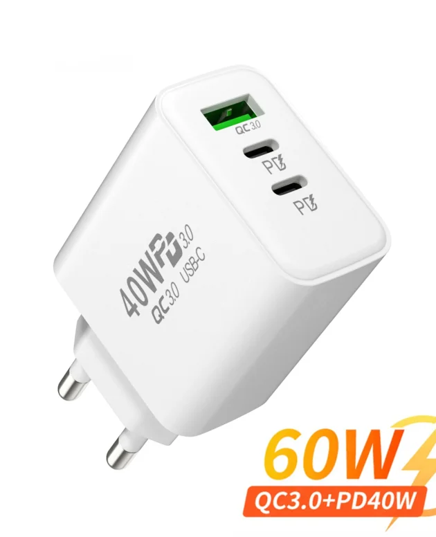 PD 60W Fast USB Charge Charger 3Ports EU/US Plug Wall Charger Adapter For iPhone 14 13 Xiaomi Huawei Samsung USB C Phone Charger