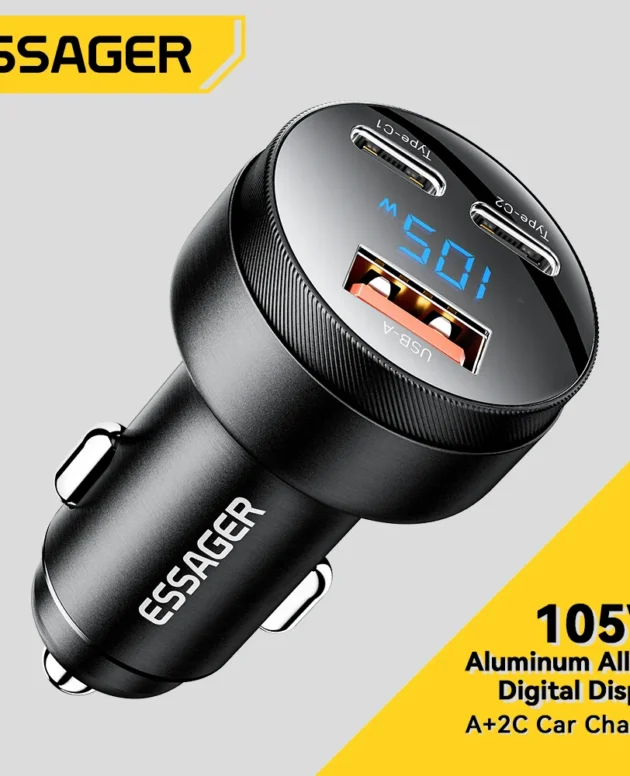 Essager 105W Digital Display Fast Car Charger For iPhone 15 14 pro MacBook USB A C Quick Charger For Huawei Xiaomi Samsung OPPO