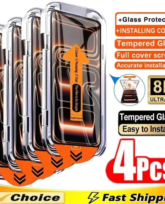 1-4PCS Tempered Glass For iPhone 17 16 15 14 13 12 11 Pro Max XS XR 16e Plus Mini Screen Protector With Alignment Mounting Cover