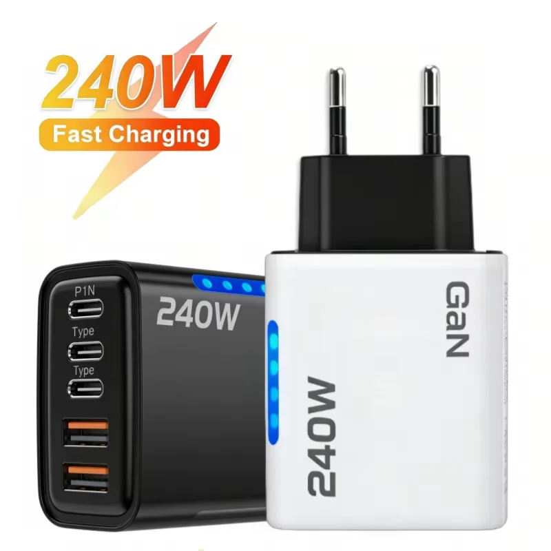 5 in 1 GaN USB C Desktop Charger 240W Fast Charge Phone Adapter 10A Type C Cable For iPhone Samsung Xiaomi EU/US Plug Charger