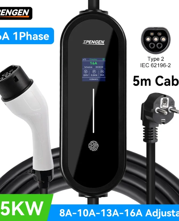IPENGEN 3.5KW Portable EV Charger 5M Cable Type2 IEC62196/ GB/T Connector 16A 1Phase Type1 Wallbox Charging for Electric Vehicle
