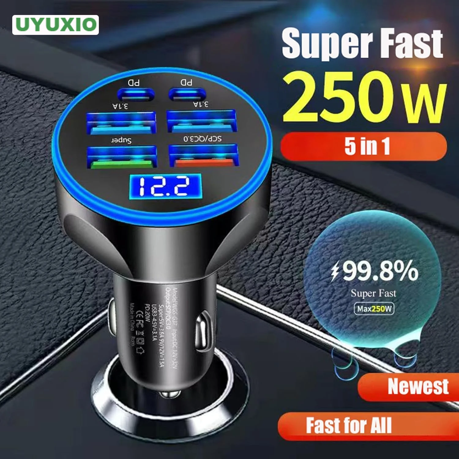 UYUXIO Multi Port USB C Car Charger Adapter with Voltage Display PD 30W Super Fast Charging 6 in 1 for MacBook iPhone Samsung