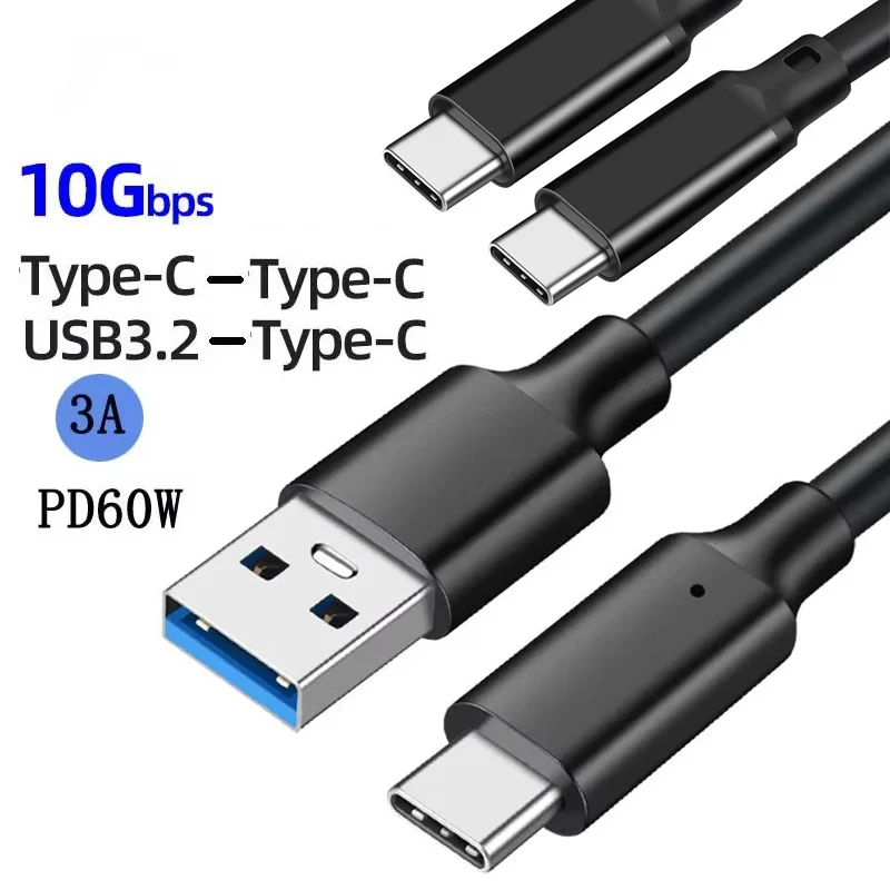 USB3.2 10Gbps Cable USB Type A to USB C 3.2 Gen2 Cable Data Transfer USB C SSD Hard Disk Cable 3A 60W QC 3.0 Fast Charging 1m 2m