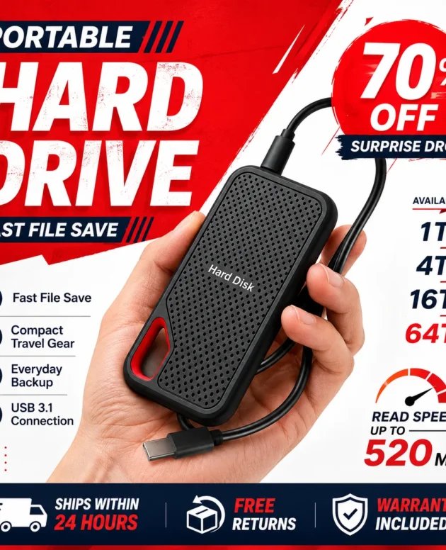 Portable 2TB External SSD Hard Drive USB 3.1 Type-C Fast Storage for Laptop/Mac/PC Compact Build