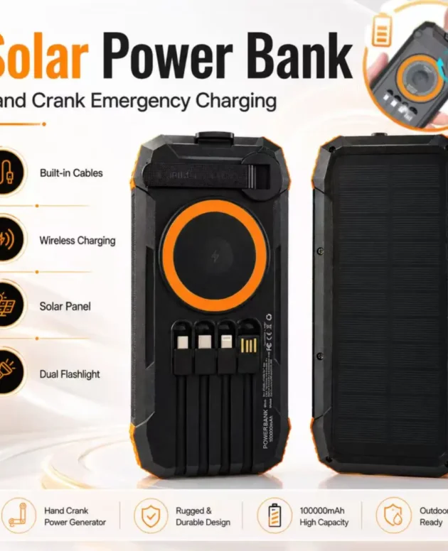Solar Power Bank 100000mAh Wireless Fast Charging Portable Charger Built-in Cables LED Flashlight for Camping Travel Emergency