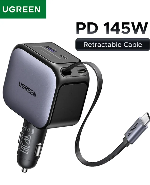 UGREEN 145W 90W 60W Car Charger 3 USB-C & 1 USB-A Ports PD QC4.0 Fast Charging with Retractable Cable for iPhone 17 Pro MacBook